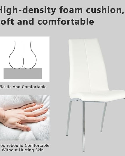 Modern Faux Leather Dining Chairs Set of 4, Padded Seat Dining Side Chairs, Upholstered Chair with Metal Legs for Kitchen, Living Room, Dining Room, White Chairs+Silver Legs - LeafyLoom