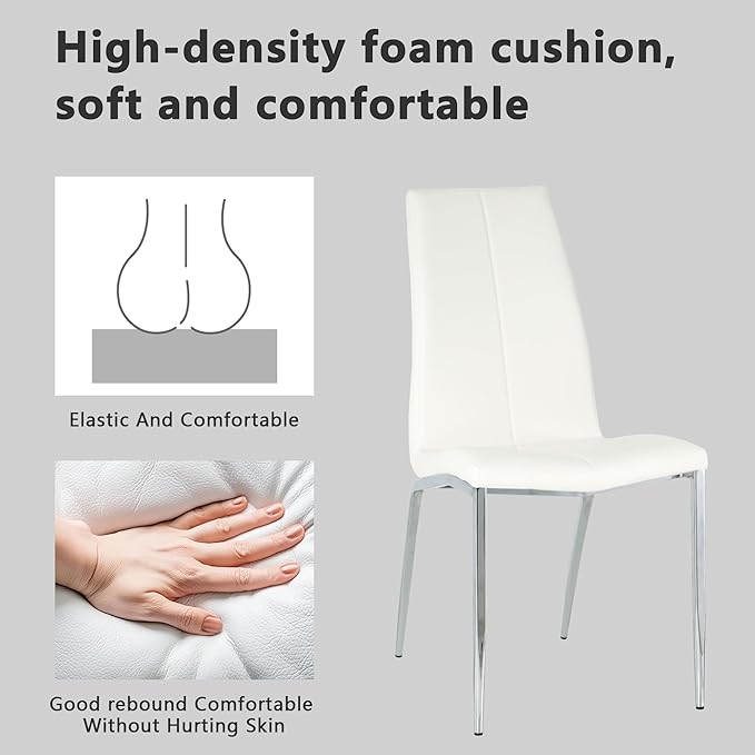 Modern Faux Leather Dining Chairs Set of 4, Padded Seat Dining Side Chairs, Upholstered Chair with Metal Legs for Kitchen, Living Room, Dining Room, White Chairs+Silver Legs - LeafyLoom
