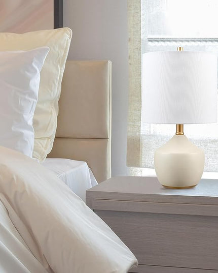 Globe Electric Novogratz x 61000042 Novogratz x Globe 16" Ceramic Table Lamp, Cream Finish, Concrete Textured Body, Brass Base, White Linen Shade, Brass Accents, On/Off Rotary Switch on Socket - LeafyLoom