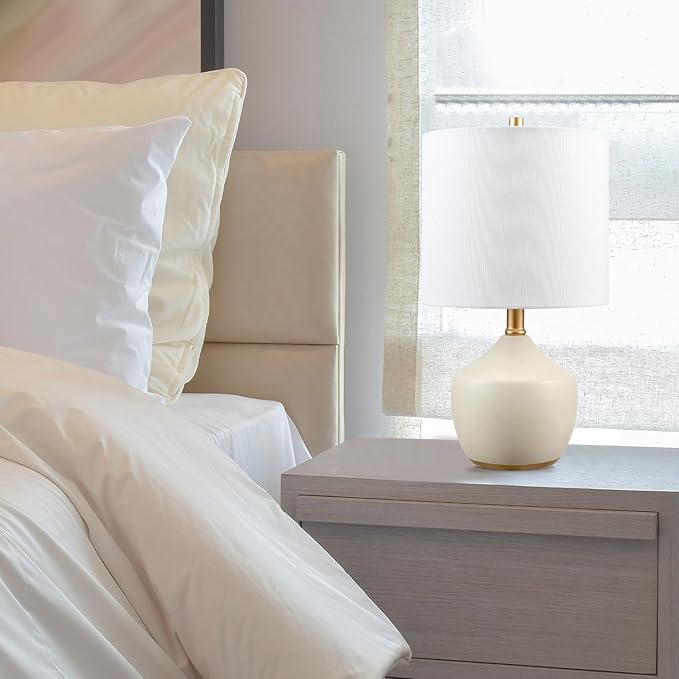 Globe Electric Novogratz x 61000042 Novogratz x Globe 16" Ceramic Table Lamp, Cream Finish, Concrete Textured Body, Brass Base, White Linen Shade, Brass Accents, On/Off Rotary Switch on Socket - LeafyLoom