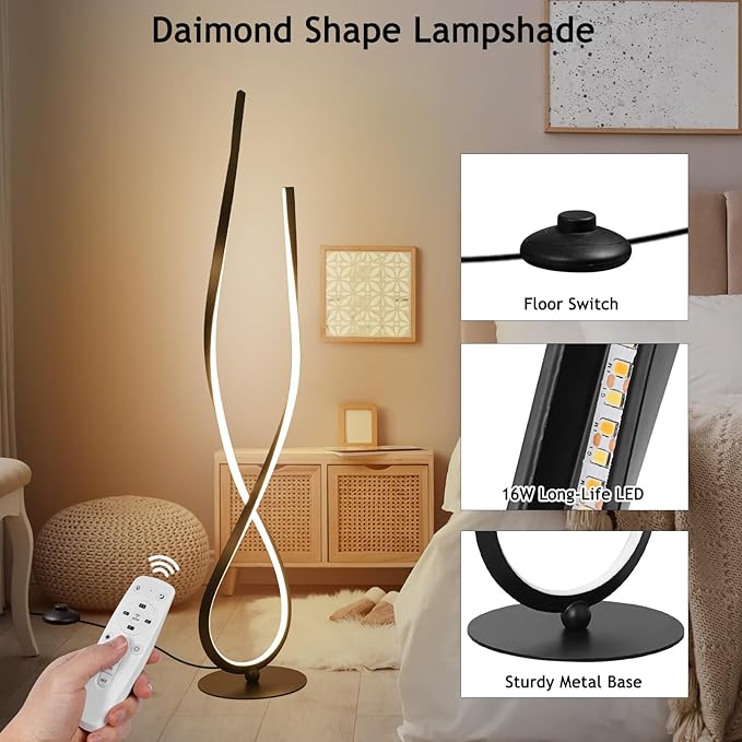 NUÜR Spiral Floor Lamp, 59" Tall Black LED Modern Standing Floor Lamp with Remote Control, Arched Bright Floor Lamps for Living Room Bedroom Office Home (Spiral Floor Lamp) - LeafyLoom