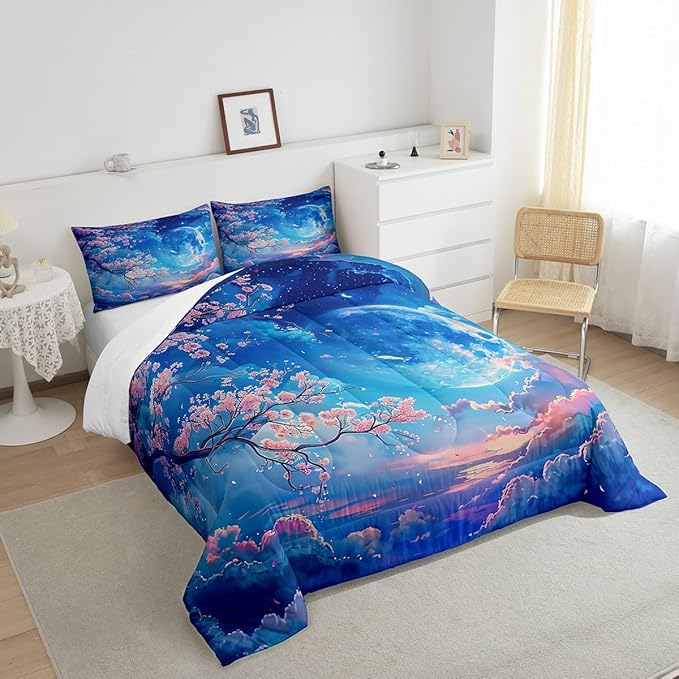 Manfei Cherry Blossoms Comforter Set Queen Size,Moonnight Cloud Starry Sky Bedding Set,Girls Women Room Decor,Sakura Flowers Chinese Style Down Comforter,Pink Blue Romantic Duvet Insert,2 Pillowcases - LeafyLoom