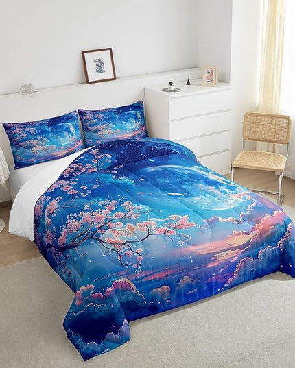Manfei Cherry Blossoms Comforter Set King Size,Moonnight Cloud Starry Sky Bedding Set,Girls Women Room Decor,Sakura Flowers Chinese Style Down Comforter,Pink Blue Romantic Duvet Insert,2 Pillowcases - LeafyLoom