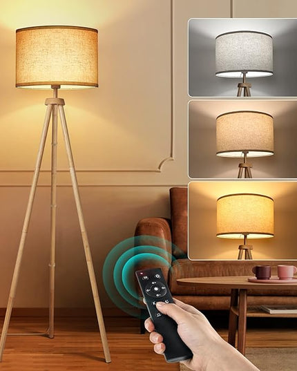 OUTON Tripod Floor Lamp, Floor Lamp with Remote Control, 4 Color Temperature, Modern Dimmable Tall Standing Lamp with Beige Linen Texture Shade for Living Room, Bedroom, Office (Nature Wood) - LeafyLoom