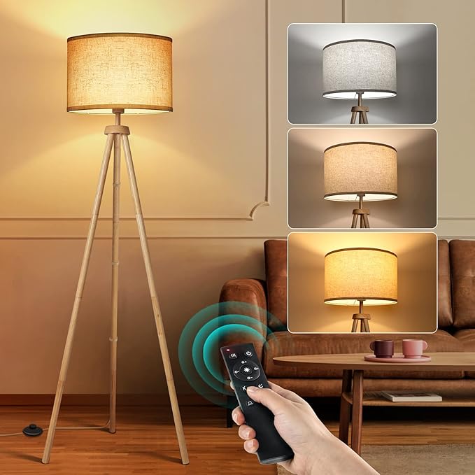 OUTON Tripod Floor Lamp, Floor Lamp with Remote Control, 4 Color Temperature, Modern Dimmable Tall Standing Lamp with Beige Linen Texture Shade for Living Room, Bedroom, Office (Nature Wood) - LeafyLoom