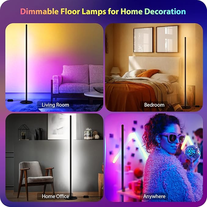TOCLL LED RGB Corner Floor Lamp 62" Corner Light Color Changing Mood Lamp Dimmable Modern Standing Lamp with Remote Control Music Sync Timing RGB Ambient Light for Living Room, Bedroom, Play Room - LeafyLoom