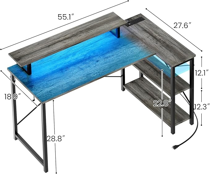 Homieasy L Shaped Gaming Desk with Power Outlet & LED Light, 55 Inch Computer Desk with Storage Shelves, Reversible Corner Desk with Monitor Stand Headset Hooks for Home Office, Black Oak - LeafyLoom