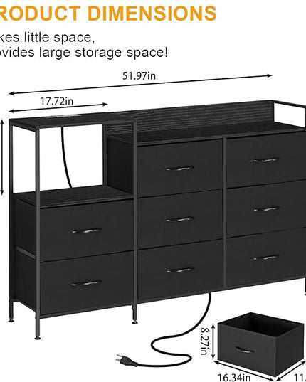 MOOACE TV Stand with Charging Station, 52'' Long TV Stand with 8 Storage Drawers and Open Shelves, Chests, Dresser for Bedroom, Living Room, Black - LeafyLoom