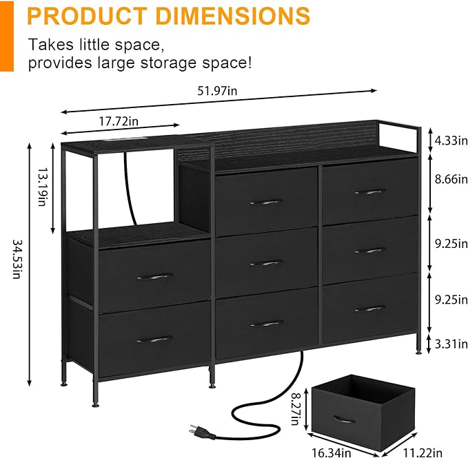 MOOACE TV Stand with Charging Station, 52'' Long TV Stand with 8 Storage Drawers and Open Shelves, Chests, Dresser for Bedroom, Living Room, Black - LeafyLoom