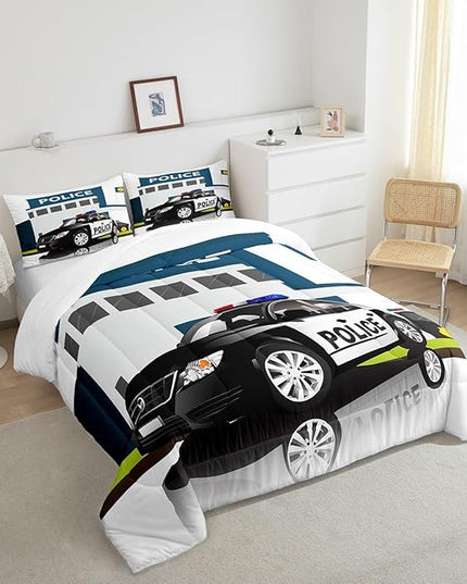 Children Police Car Comforter Set, 3D Car Pattern Down Comforter Full Size for Kids Boys Girls Teens Bedroom, Cartoon Automobile Quilted Duvet, Decorative 3 Piece Bedding Set with 2 Pillow Cases - LeafyLoom
