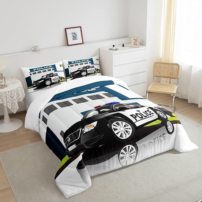 Children Police Car Comforter Set, 3D Car Pattern Down Comforter Full Size for Kids Boys Girls Teens Bedroom, Cartoon Automobile Quilted Duvet, Decorative 3 Piece Bedding Set with 2 Pillow Cases - LeafyLoom