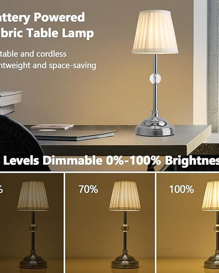 Modern Cordless Table Lamps,5000mAh Rechargeable Battery Operated Table lamp,Chrome Fabric Shade Table Lamps,Portable Touch Desk Lamp with Dimming 3000K LED Night Light for Bedroom/Bedside/Dining Room - LeafyLoom