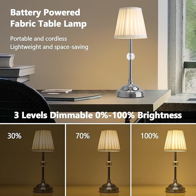 Modern Cordless Table Lamps,5000mAh Rechargeable Battery Operated Table lamp,Chrome Fabric Shade Table Lamps,Portable Touch Desk Lamp with Dimming 3000K LED Night Light for Bedroom/Bedside/Dining Room - LeafyLoom
