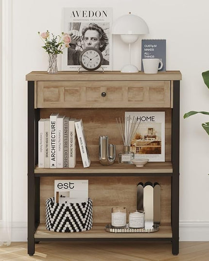 FATORRI Rustic Bookshelf with Drawer, Industrial Wood and Metal Bookcase, Small Book Shelf and Low Book case for Small Space (Rustic Oak) - LeafyLoom