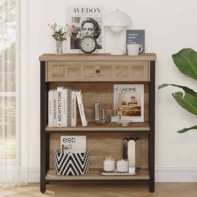 FATORRI Rustic Bookshelf with Drawer, Industrial Wood and Metal Bookcase, Small Book Shelf and Low Book case for Small Space (Rustic Oak) - LeafyLoom