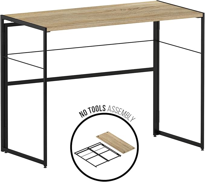 Furinno Riau No Tool/No Assembly/Folding Metal Frame Computer Desk, Sonoma Oak/Black, 39 Inch - LeafyLoom