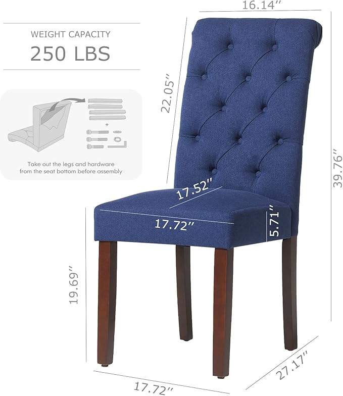 COLAMY Button Tufted Dining Chairs Set of 6, Parsons Upholstered Fabric Dining Room Chairs Kitchen Chairs with Wood Legs and Padded Seat, Dark Blue - LeafyLoom