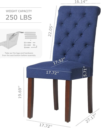 COLAMY Button Tufted Dining Chairs Set of 4, Parsons Upholstered Fabric Dining Room Chairs Kitchen Chairs with Wood Legs and Padded Seat, Dark Blue - LeafyLoom