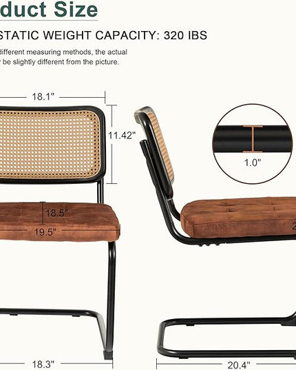 Mid Century Modern Dining Chairs Set of 2, Rattan Cantilever Kitchen Chairs, Dining Room Chairs Burnt Orange Upholstered, Solid Wood Cane Back, Black Stainless Chrome Base Heavy Duty - LeafyLoom