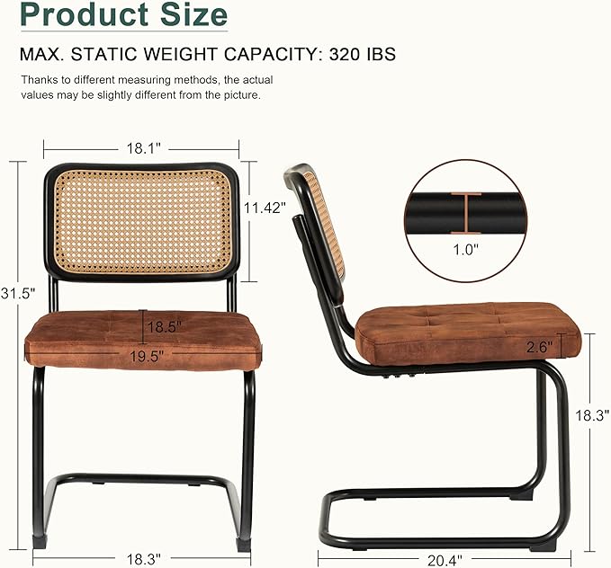 Mid Century Modern Dining Chairs Set of 2, Rattan Cantilever Kitchen Chairs, Dining Room Chairs Burnt Orange Upholstered, Solid Wood Cane Back, Black Stainless Chrome Base Heavy Duty - LeafyLoom