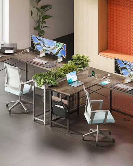Coleshome 66" L Shaped Gaming Desk with Outlet, L Shaped Desk with CPU Stand, Corner Computer Desk, Home Office Desk, Writing Desk, Grey Oak - LeafyLoom
