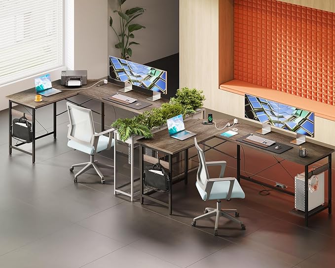 Coleshome 66" L Shaped Gaming Desk with Outlet, L Shaped Desk with CPU Stand, Corner Computer Desk, Home Office Desk, Writing Desk, Grey Oak - LeafyLoom
