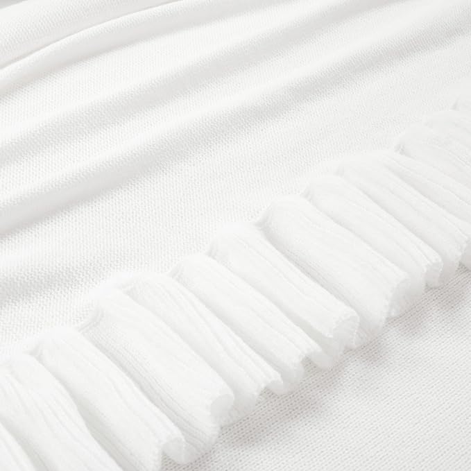 Lush Decor Reyna Soft Knitted Ruffle Throw Blanket, 104" W x 88" L, White - Classic Ruffled Bedding - Knit Blanket - Cozy Oversized Blanket For Bed or Couch - Vintage, Minimalist & Cottage Home Decor - LeafyLoom
