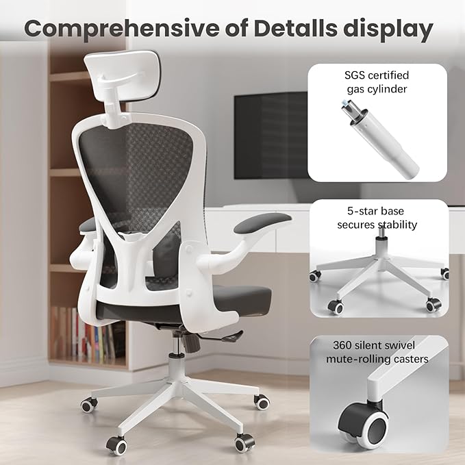 Ergonomic Office Chair - Comfy Desk Chairs with Wheels and Arms, 500LB Heavy Duty Mesh Computer Chairs with Comfortable Head Lumbar Back Support for Office, Bedroom, Study and College Dorm - LeafyLoom