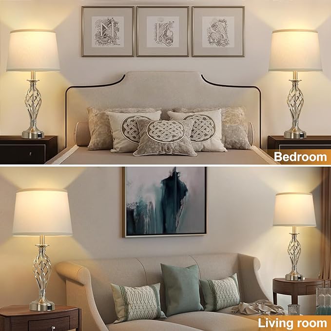 Table Lamp for Bedroom Set of 2 with USB C+A Ports, Modern Bedside Lamps with Spiral Cage Base, White Fabric Shade, Nightstand Lamp for Living Room Reading Bed Side End Table, 2 LED Bulbs Included - LeafyLoom
