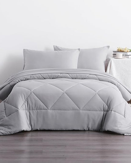 NTBAY Twin Comforter Set with Sheets, 5 Pieces Soft and Breathable Twin Bedding Set, Twin Bed in a Bag, Down Alternative Comforter Set Solid Color All Season, Kids Bedding Set, Light Grey - LeafyLoom
