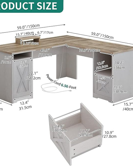 YITAHOME L Shaped Desk with Power Outlets, 60 Inch Computer Desk Corner Desk with File Drawer, Home Office Desk with Monitor Stand & Storage Shelves, L-Shaped Desk with File Cabinet, Grey Wash - LeafyLoom