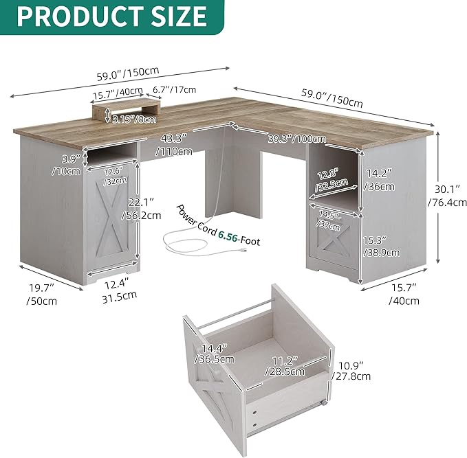 YITAHOME L Shaped Desk with Power Outlets, 60 Inch Computer Desk Corner Desk with File Drawer, Home Office Desk with Monitor Stand & Storage Shelves, L-Shaped Desk with File Cabinet, Grey Wash - LeafyLoom