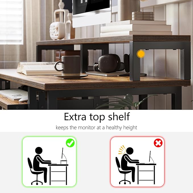 BANTI 47 Inch Computer Desk with Storage Shelves Monitor Stand Keyboard Tray, Home Office Desk, Study Writing Table, Rustic Brown - LeafyLoom