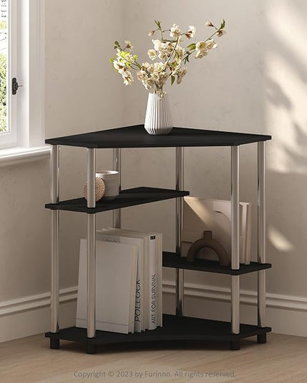 Furinno Turn-N-Tube Multipurpose Corner Shelf, Display Rack, Bookshelf, Americano, Stainless Steel Tubes - LeafyLoom
