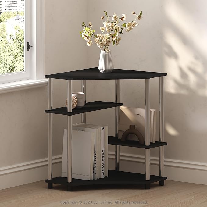 Furinno Turn-N-Tube Multipurpose Corner Shelf, Display Rack, Bookshelf, Americano, Stainless Steel Tubes - LeafyLoom