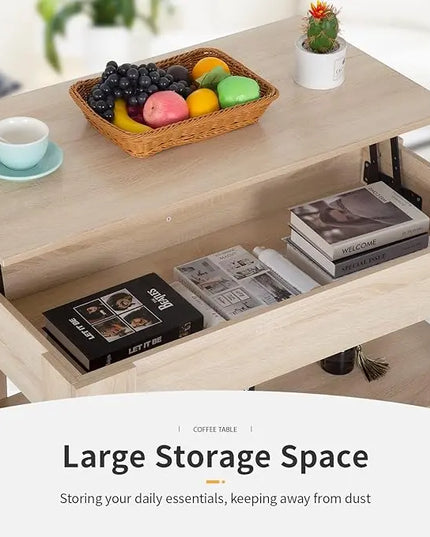 FDW Lift Top Coffee Table with Hidden Compartment and Storage Shelf Wooden Lift Tabletop for Home Living Room Reception Room Office (Natural) - LeafyLoom