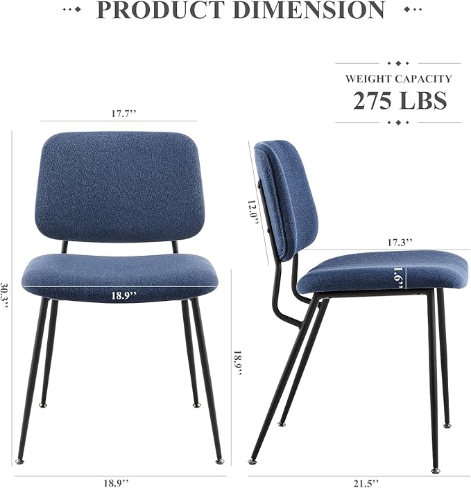 COLAMY Modern Upholstered Fabric Dining Room Accent Diner Stylish Kitchen Chairs with Solid Metal Legs, set of 2, Blue - LeafyLoom
