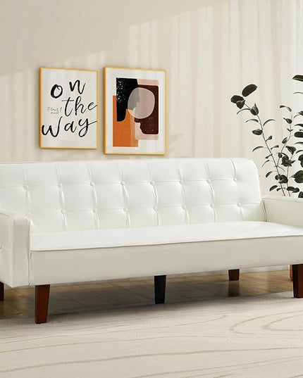 IULULU Futon Sofa Bed, Modern Convertible Faux Leather Sleeper Couch with Armrests for Studio, Office, Apartment, Compact Living, Game Room, Overnight Guests, Retro White - LeafyLoom
