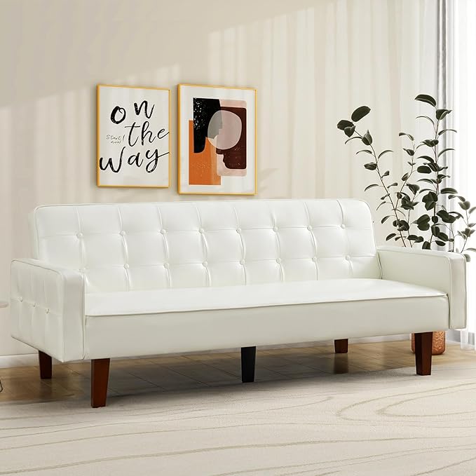IULULU Futon Sofa Bed, Modern Convertible Faux Leather Sleeper Couch with Armrests for Studio, Office, Apartment, Compact Living, Game Room, Overnight Guests, Retro White - LeafyLoom