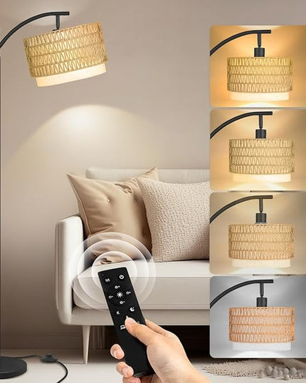 PESRAE Boho Farmhouse Rattan Floor Lamps for Living Room with Remote Control Stepless Dimmable Bulb,Standing Floor Lamp with 360°Adjustable Rattan Lampshade for Living Room, Bedroom,Office - LeafyLoom