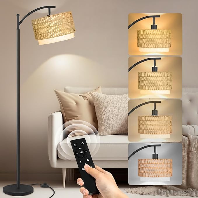 PESRAE Boho Farmhouse Rattan Floor Lamps for Living Room with Remote Control Stepless Dimmable Bulb,Standing Floor Lamp with 360°Adjustable Rattan Lampshade for Living Room, Bedroom,Office - LeafyLoom
