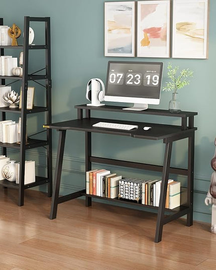 Small Computer Desk for Small Spaces - 33.5" Inch Modern Writing Table with Monitor Storage Shelf for Home Office and Study, Compact Laptop Desk in Simple and Sleek Style - LeafyLoom