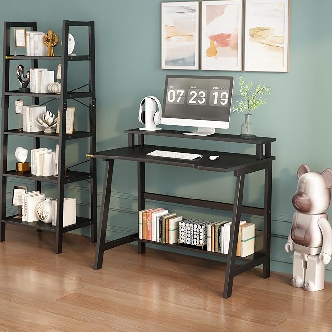Small Computer Desk for Small Spaces - 33.5" Inch Modern Writing Table with Monitor Storage Shelf for Home Office and Study, Compact Laptop Desk in Simple and Sleek Style - LeafyLoom