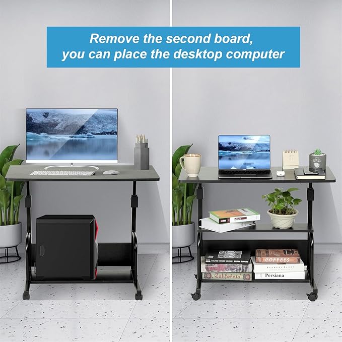 Portable Rolling Desk Adjustable Laptop Desk Small Standing Desk Home Office Desks for Small Spaces Table, 31.5" Black Uplift Student Study Desk Mobile Computer Work Desk on Wheels - LeafyLoom