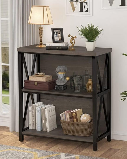 FATORRI Rustic Short 2 Shelf Bookshelf, Industrial Low Wood Bookcase, Farmhouse Small Book Case for Small Space (Walnut Brown) - LeafyLoom