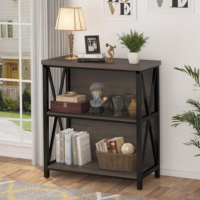 FATORRI Rustic Short 2 Shelf Bookshelf, Industrial Low Wood Bookcase, Farmhouse Small Book Case for Small Space (Walnut Brown) - LeafyLoom