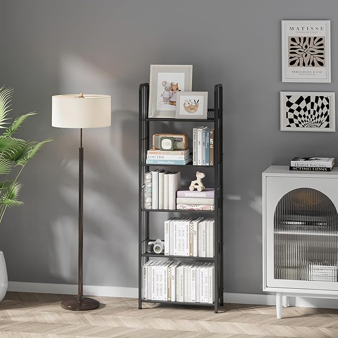 Bookshelf Storage Shelf Bookcase Freestanding Storage Stand Book Organizer for Living Room, Bedroom, Kitchen, Rust Resistance,Easy Assembly Multi-Functional Organizer (5 Tiers, Black) - LeafyLoom