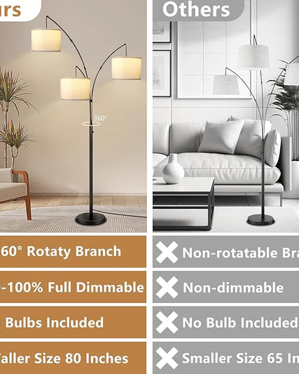 Dimmable Arc Floor Lamps for Living Room Modern 3 Lights Floor Lamp, Mid Century Tall Standing Reading Lamp 360° Adjustable Hanging Beige Shades for Bedroom Office Include Bulbs - LeafyLoom