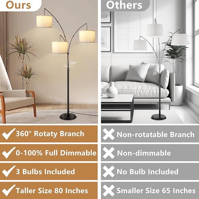 Dimmable Arc Floor Lamps for Living Room Modern 3 Lights Floor Lamp, Mid Century Tall Standing Reading Lamp 360° Adjustable Hanging Beige Shades for Bedroom Office Include Bulbs - LeafyLoom