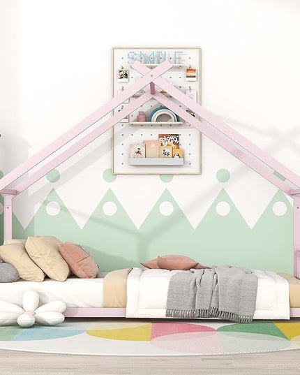RITSU Twin Size Montessori Floor House Bed, Bedframe with Metal Slat & with Headboard and Footboard, Sturdy Construction, for Children's Room, Girls, Boys, Pink - LeafyLoom